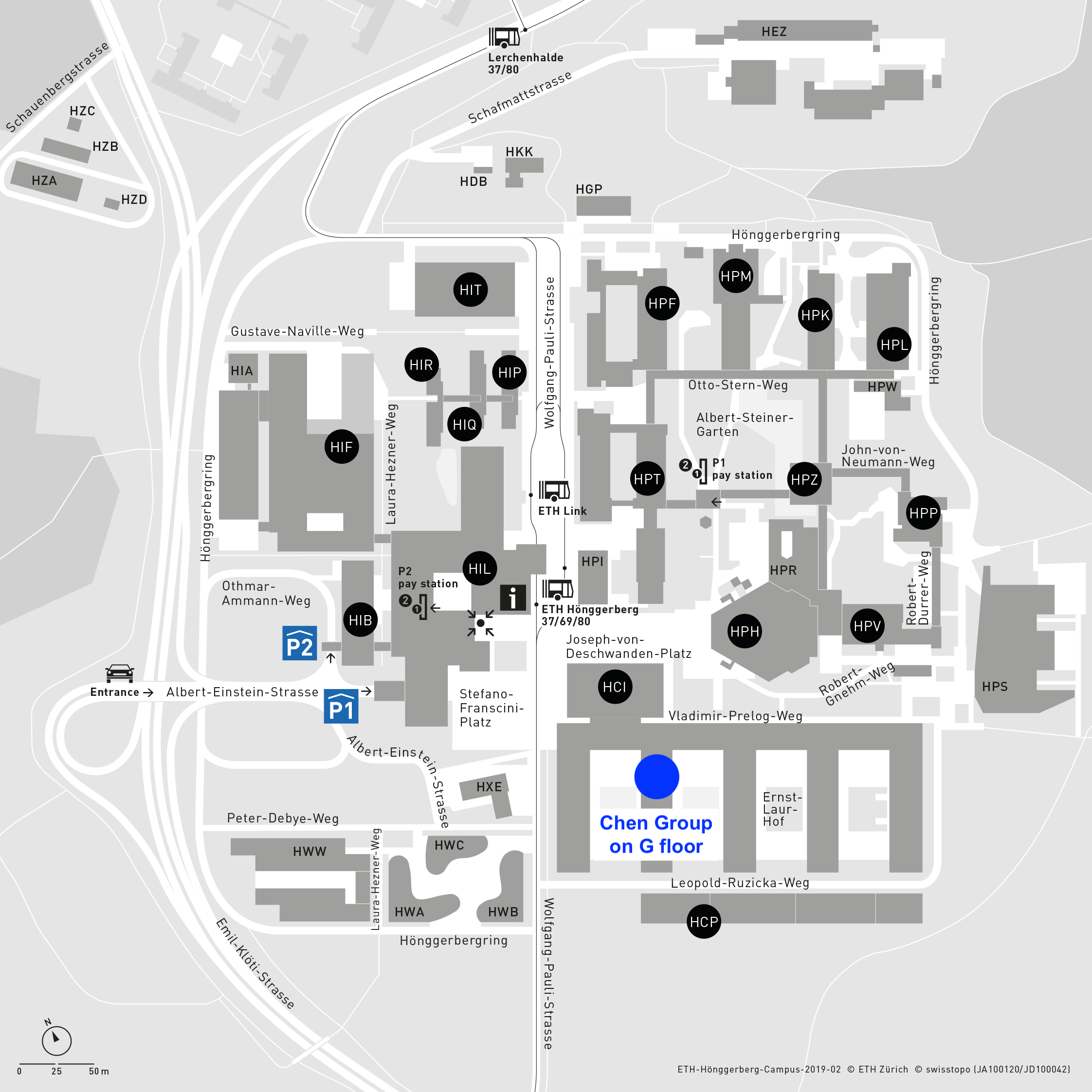 area plan of campus ETH Hönggerberg, blue dot on second finger of HCI building